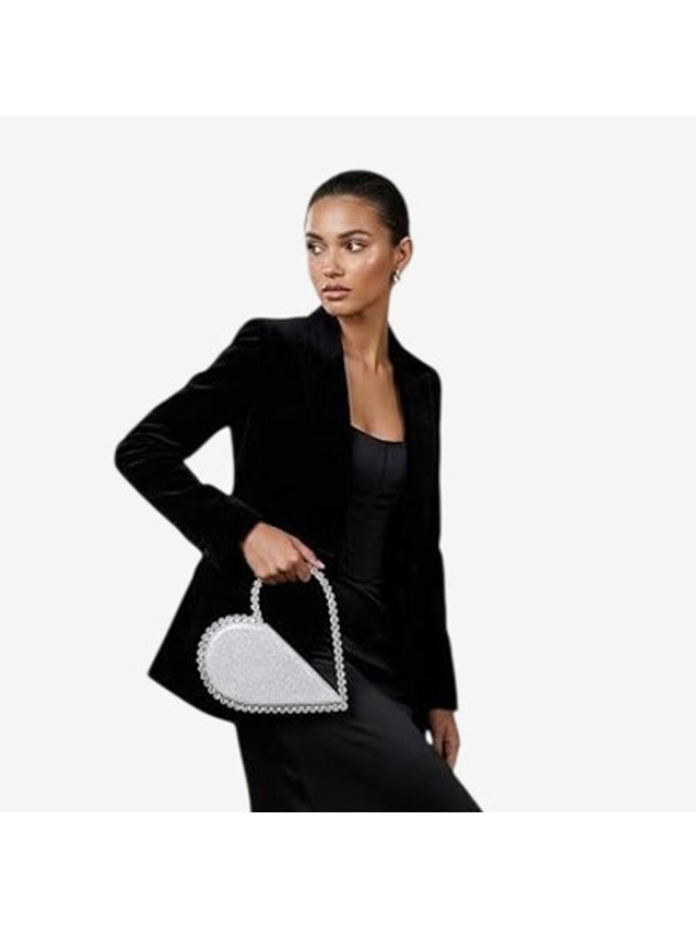 Rhinestone Embellished Heart-Shaped Evening Party Silver Clutch Handbag Small